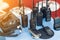 Many portable radio transceivers on table at technology exhibition. Different walkie-talkie radio set. Communication devices