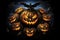 many pumpkins with luminous carved faces against a background of a large gargoyle with a large number of bats, Halloween night, AI
