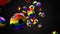 Many Rainbow colored soccer balls on black background.