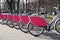 Many rental city bikes standing in a row