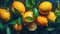 Many ripe lemon with green leaves visible water drops. Closeup view. Fruits backdrop. Generative AI. Illustration for banner,