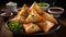 many samosas with red chutney in white plate generative AI