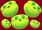 Many several cute three dimensional heads of a lime green cartoon monster smiling maroon backdrop