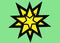 Many several multiple yellow stars of different sizes with black bold outlines against a light bright green backdrop