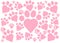 Many several rose pink centre heart shaped outlines of pets paws of different sizes white backdrop