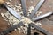 many sharp steel blades many chisels and sawdust chippings in Wo