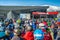 Many skiers in front of cableway Funitel in ski resort Jasna, Slovakia