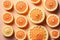 Many sliced fresh grapefruits as background, top view. AI generation