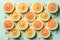 Many sliced fresh grapefruits as background, top view. AI generation