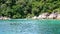 Many Snorkeling People in Water near Tropical Island with Rocks and Green Trees