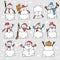 Many snowmen with different objects and poses