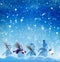 Many snowmen standing in winter Christmas landscape.