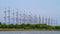 Many steel frame wind turbines Located in the mangrove forest.