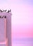 Many stray cats walking on the roof of pink building on a background of pink and purple sunset.  Vertical illustration with copy