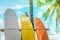 Many surfboards beside coconut trees at summer beach with sun light.