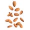 Many tasty almonds falling on white background