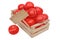 Many tomatoes in wooden box and price board
