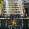 Many tourists in front of Grand Cascade in the park of Peterhof, Russia.