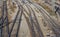 Many train tracks with switches are photographed from above on a marshalling yard near Augsburg on 01.21.2021