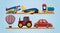 Many transportation toys on wooden shelves