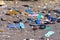 Many trash on the beach. environmental pollution concept.