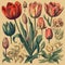 Many tulips, different colors and varieties, vintage postcard style,