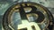 Many USD and gold Bitcoin on the surface. Macro shot of gold crypto coin. Slow vertical panorama. Business trading. Main