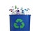 Many used bottles in trash bin isolated. Plastic recycling