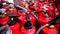 Many used fire extinguishers, top view