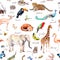 Many various wild animals, birds - zoo, wildlife elefant, giraffe, red panda, cheetah, flamingo, snake, parrot and other
