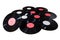 Many vinyl discs red and white label