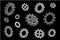 Many volumetric gears on a black background