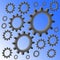 Many volumetric gears on a blue gradient background