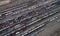 Many wagons and trains. Aerial view.