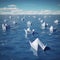 Many white paper boats are sailing on the sea, flotilla, navy,