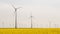 Many windmills rotating during windy spring cloudy day