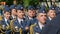 Many woman officers police marching in uniform on victory parade close up 4K.