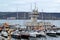 Many yachts at the pier in the seaport on an overcast autumn day