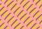 Many yellow corn cobs lie in a row on a pink background. Creative decorative composition. Modern Art. 3D rendering.