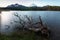 Manzanita Lake in Lassen Volcanic National Park with reflection of mountains and blue sky in the water Lassen Peak and Chaos Crags