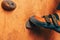 Manâ€™s foot on climbing wall