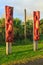 Maori wood carvings on poles. Tauranga, New Zealand