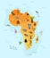 Map of africa with different animal. Funny cartoon banner for children with the continent, ocean and lot of funny