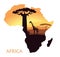 Map of Africa with the landscape of sunset in the Savannah, giraffe, baobab and acacia. Vector background