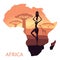 Map of Africa with the landscape of sunset in the Savannah, the woman, a giraffe and baobab. Vector background