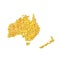 Map of Australia Backdrop plume golden texture crumbs. Gold dust scattering on a white background. Sand particles grain or sand