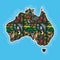 Map of Australia. Echidna Platypus ostrich Emu Tasmanian devil Cockatoo parrot Wombat snake turtle crocodile kangaroo dingo