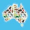 Map of Australia. Echidna Platypus ostrich Emu Tasmanian devil Cockatoo parrot Wombat snake turtle crocodile kangaroo dingo