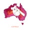 Map of Australia in paper cut style. Young koala. Australian bear. Eucalyptus or gum tree. Orange pink layered world.