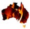 Map of Australia with a photo of fire in the background as a symbol of bushfires which are destroying the country